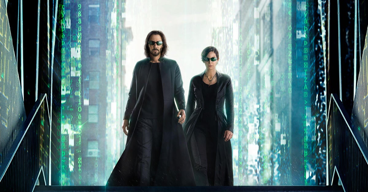 Trinity and Neo looking cool, computer code background